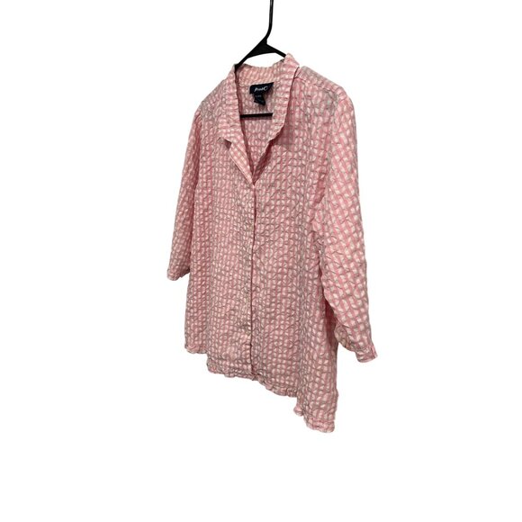 Denim & Co Pink Checkered Button Shirt XL Lightweight 3/4 Sleeves Collar Ruffle - Picture 3 of 10